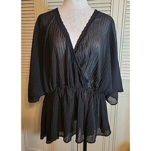 'Rose and Grey' Sheer Black ¾ Sleeves V-neck Babydoll Sexy Top 1X Pretty!